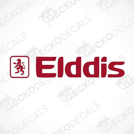 A die cut sticker with the ELDDIS brand logo, predominantly red with a white background.