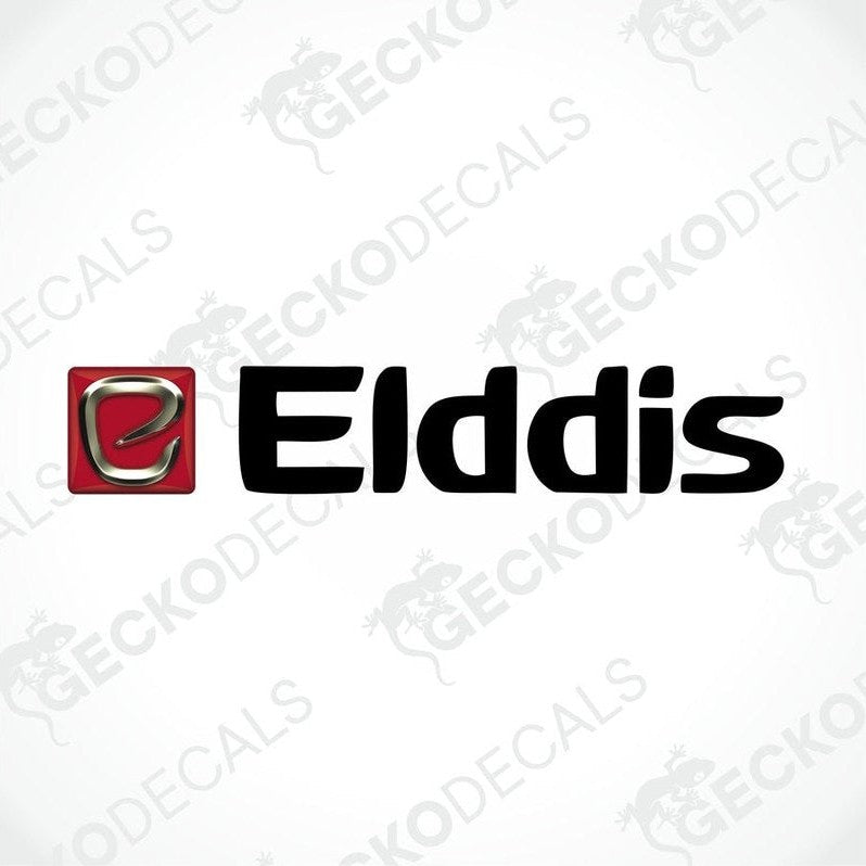 A die cut sticker with a red background and the 'Elddis' brand name and logo in black.