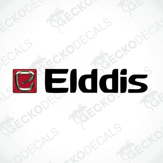 A die cut sticker with a red background and the 'Elddis' brand name and logo in black.