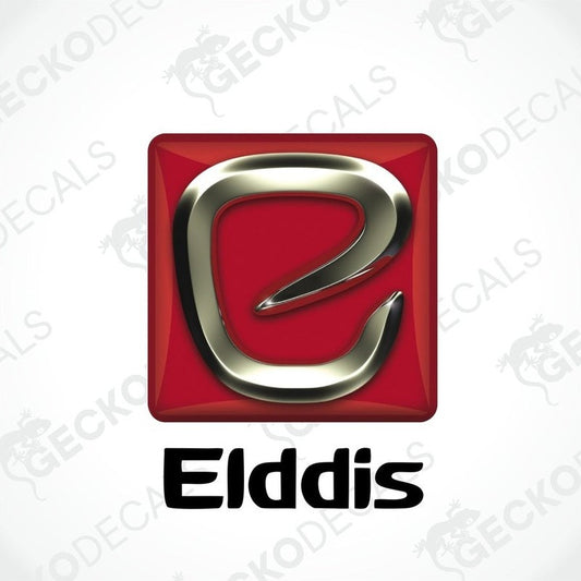 A die cut sticker with a red background and the 'Elddis' brand name and logo in black.