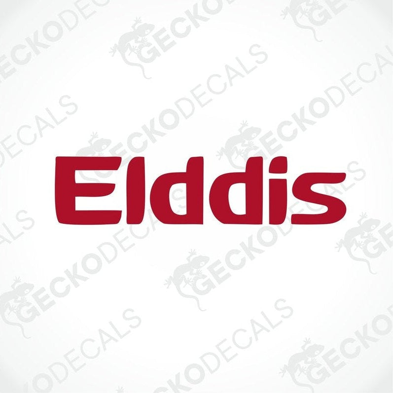 A red and white die cut sticker with the brand name 'ELDDIS' displayed.