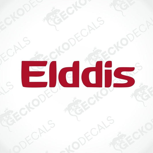 A red and white die cut sticker with the brand name 'ELDDIS' displayed.
