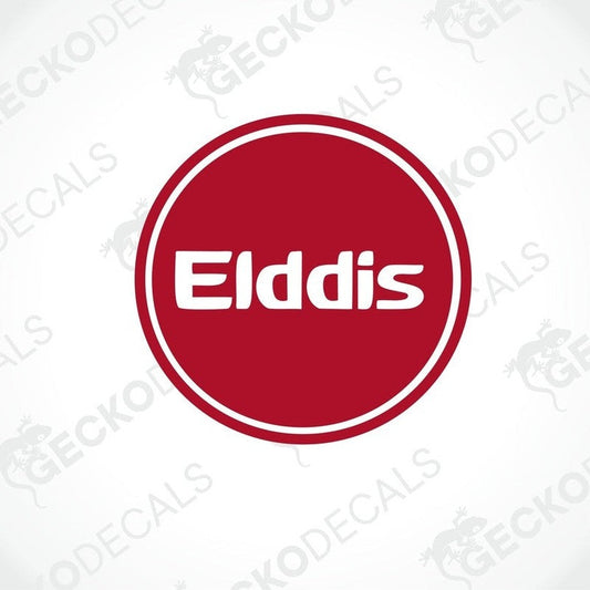 A red and white circular sticker with the 'Elddis' brand name in the center.