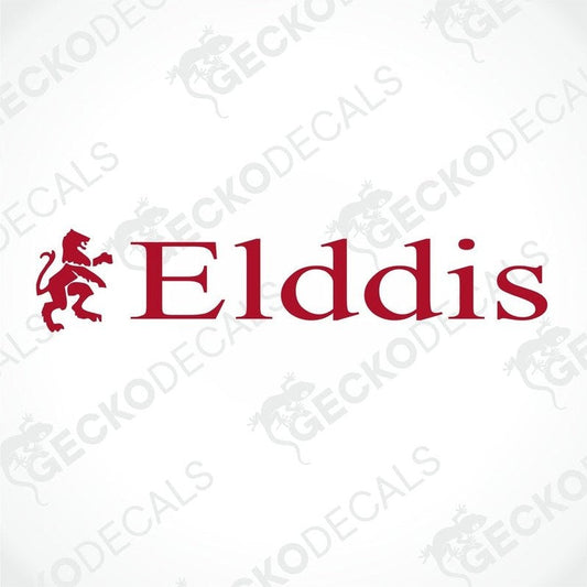 A red and white sticker with the text 'Elddis' and a lion logo on it, indicating it is likely a brand logo for a caravan manufacturer.