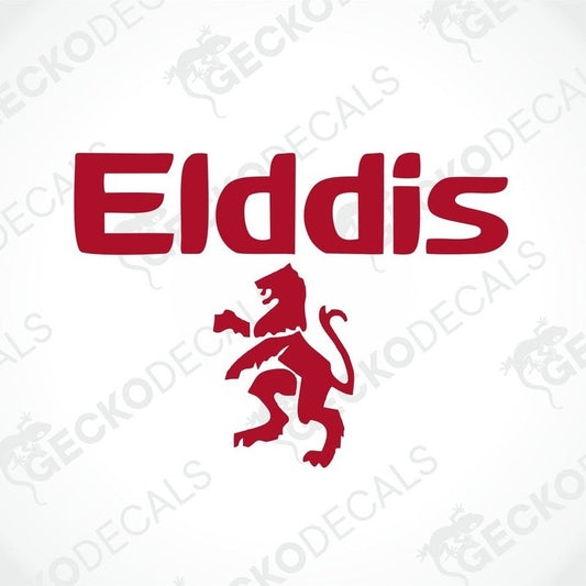 A red sticker with the text 'Elddis' and a lion emblem on a white background.