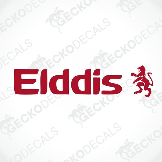 A red sticker with the text 'Ellddis' and a lion emblem on a white background, indicating it is a product for branding or decoration purposes, likely for a caravan.