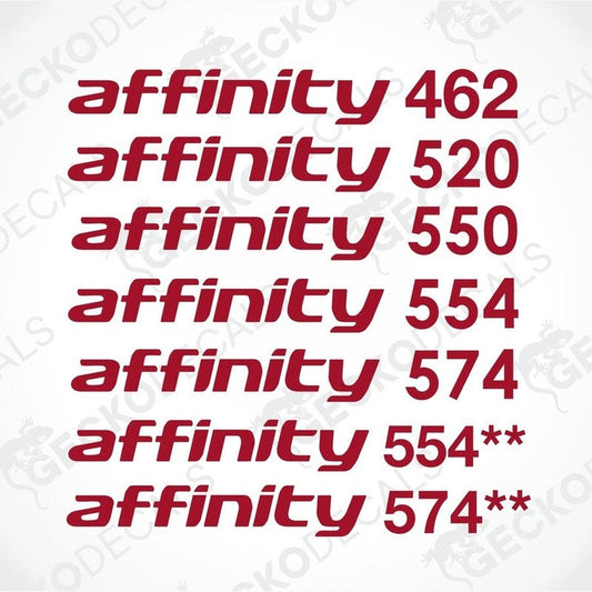 A set of red die cut stickers with the text 'AFFINITY' and various model numbers '462', '520', '550', '554', '574', '554**', '574**'.