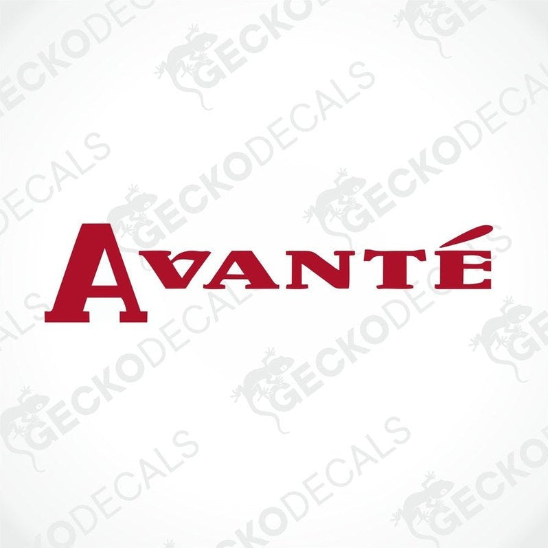 A red die cut sticker with the word 'AVANTE' written in a cursive script, delivered on a white background with a watermark of 'GECKODECALS'.