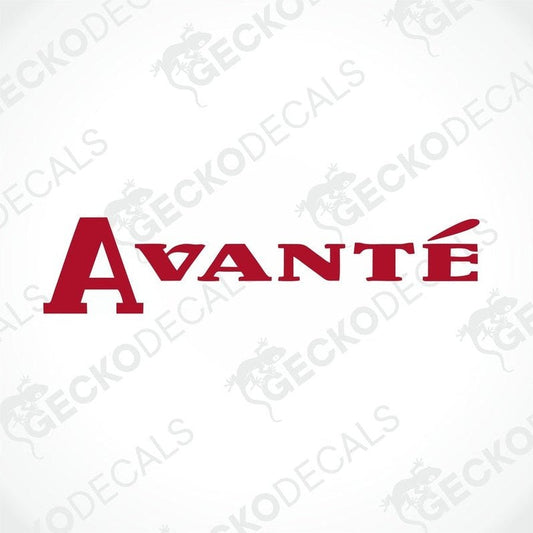 A red die cut sticker with the word 'AVANTE' written in a cursive script, delivered on a white background with a watermark of 'GECKODECALS'.
