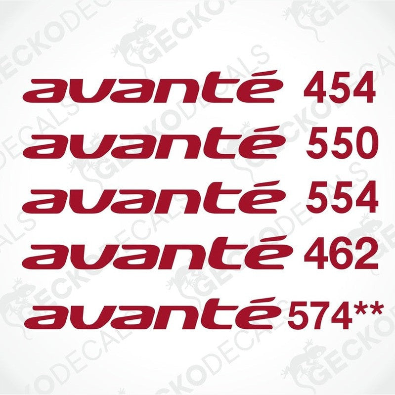 A set of red die cut stickers with the word 'AVANTE' written in a looped script, arranged in a row.