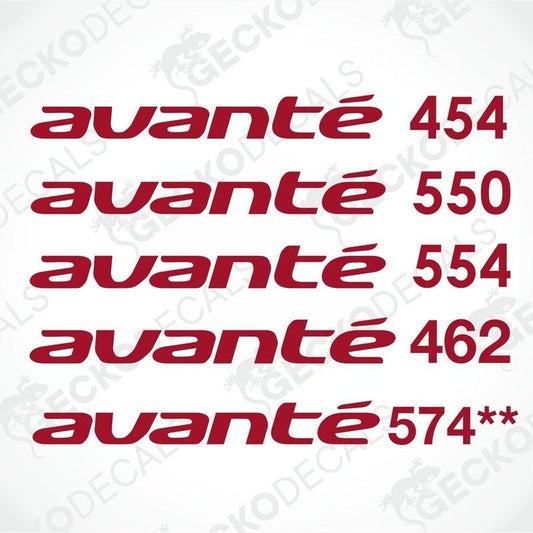 A set of red die cut stickers with the word 'AVANTE' written in a looped script, arranged in a row.