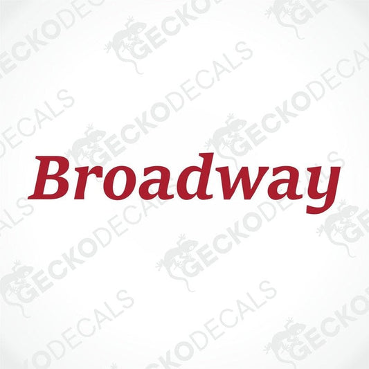 A die cut sticker with the word 'BROADWAY' in red text on a white background. The sticker has a visible 'GECKODECALS' brand marking.