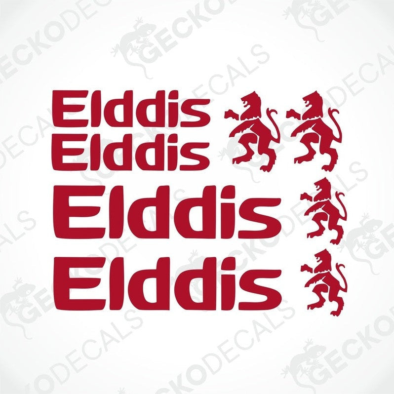 A set of red and white vehicle decals featuring the word 'ELDDIS' and a lion logo.