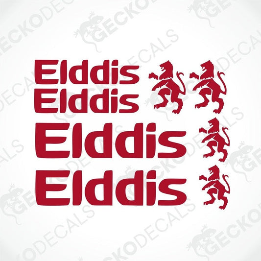 A set of red and white vehicle decals featuring the word 'ELDDIS' and a lion logo.