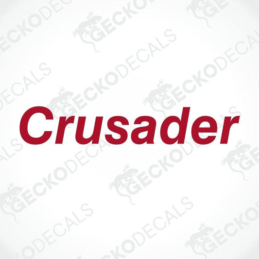 A red sticker with the word 'Crusader' on it, bearing the brand name 'GeckoDecals' in smaller text.