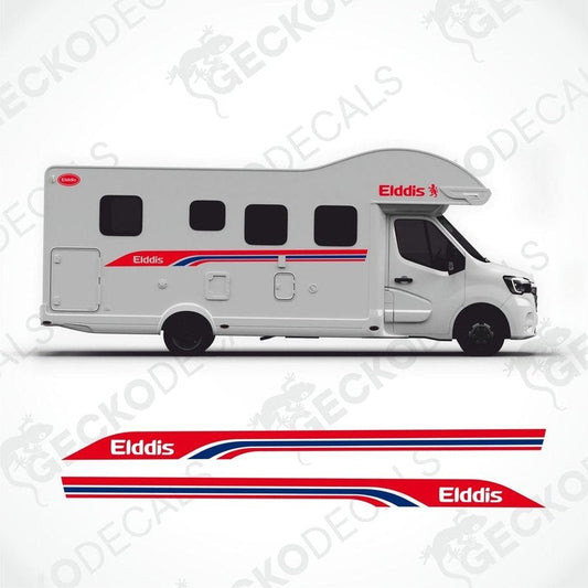 A white Gecko Decals branded caravan with ELDDIS text and red and blue decals.