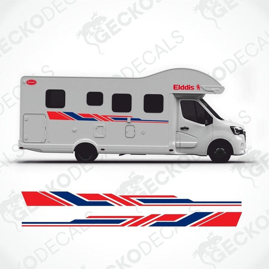 Red and navy blue Elddis geometric stripe decals installed on white motorhome side