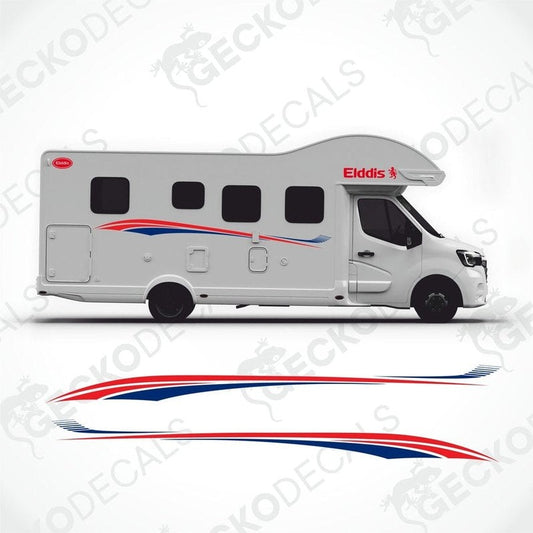 A white Gecko Decals branded vehicle, resembling a caravan, with red, blue, and silver decals and logos.