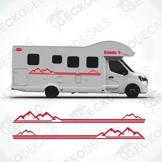 Red ELDDIS caravan side decals with mountain stripes applied to white exterior