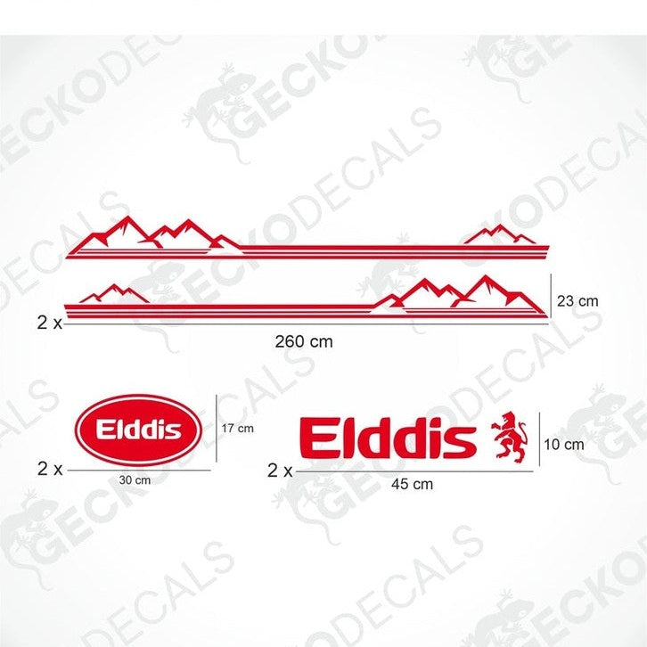 ELDDIS caravan sticker set including red mountain stripes and oval logos on transfer paper