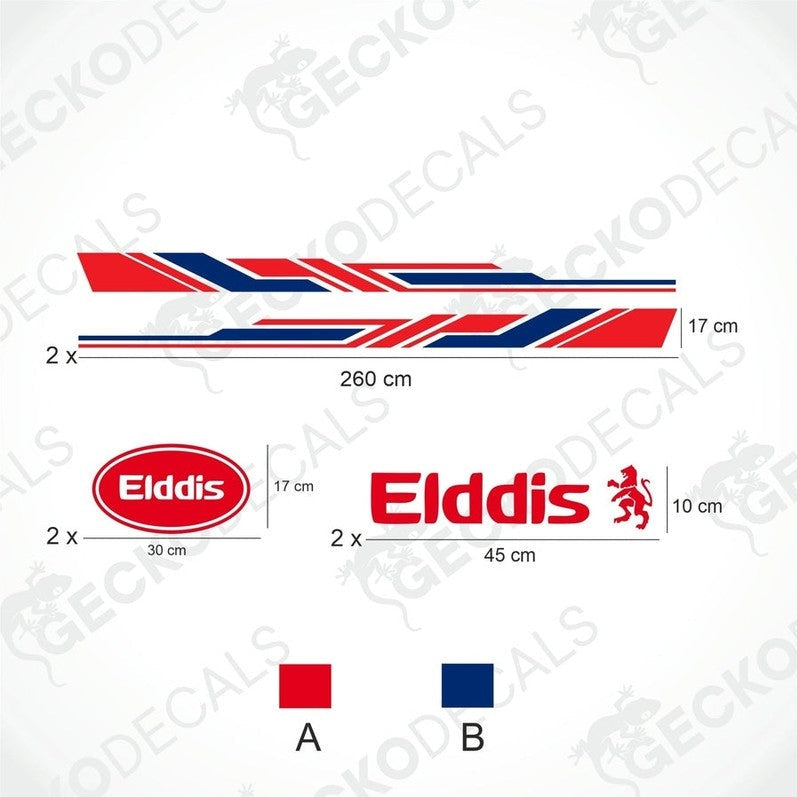 Elddis caravan sticker set with red navy blue side decals and logos on transfer paper