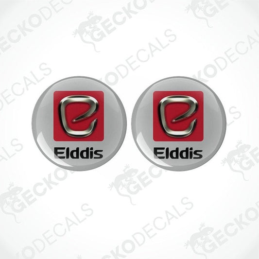Two round vinyl decals with a polyurethane coating, featuring the Elddis logo in red and silver colors on a white background.