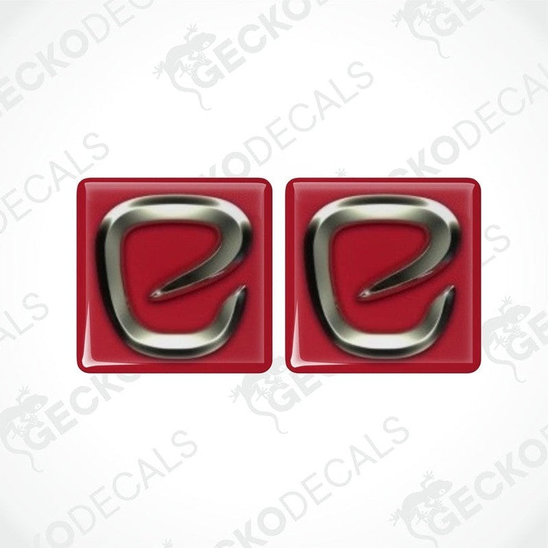 Two red and silver vinyl stickers with a polyurethane coating, displayed against a white background with the GeckoDecals logo.