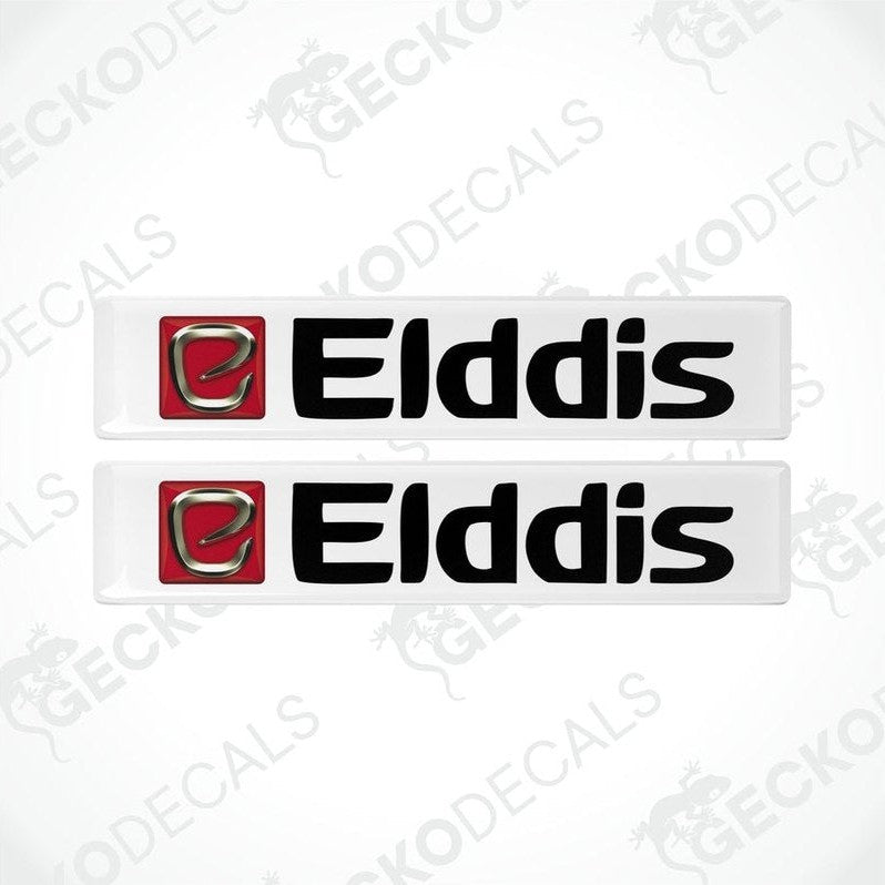 Two white vinyl stickers with red and black 'ELDDIS' branding, designed for use on vehicles.