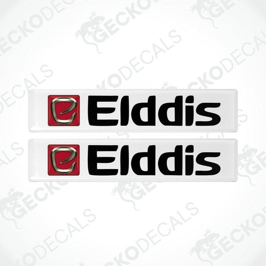 Two white vinyl stickers with red and black 'ELDDIS' branding, designed for use on vehicles.
