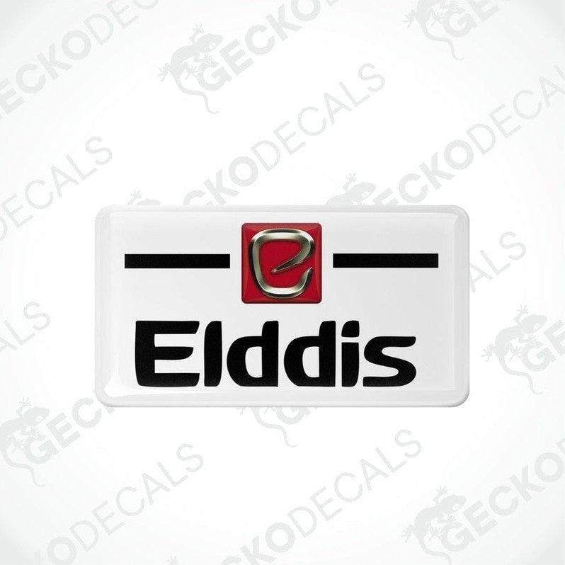 Two white vinyl stickers with the Elddis brand logo and Gecko Decals branding.