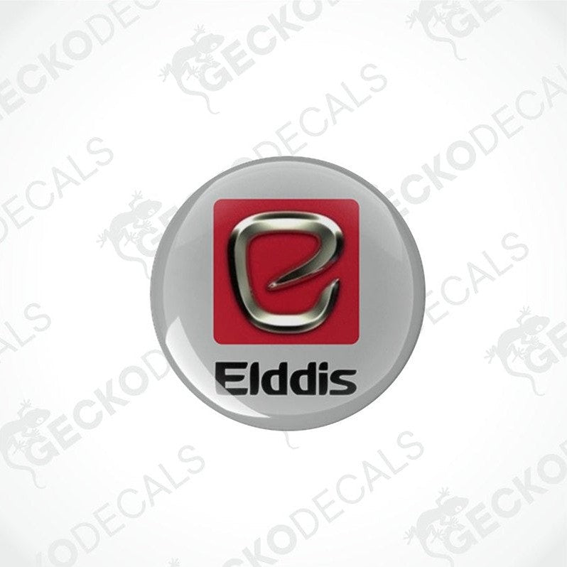 Two round vinyl decals with a polyurethane coating, featuring the Elddis logo in red and silver colors on a white background.