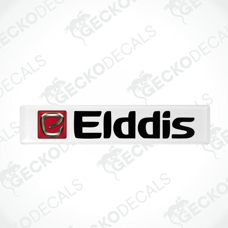 Two white vinyl stickers with red and black 'ELDDIS' branding, designed for use on vehicles.