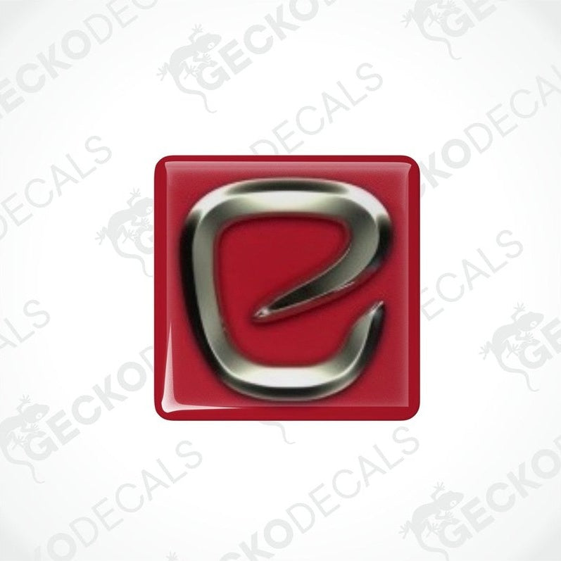 Two red and silver vinyl stickers with a polyurethane coating, displayed against a white background with the GeckoDecals logo.