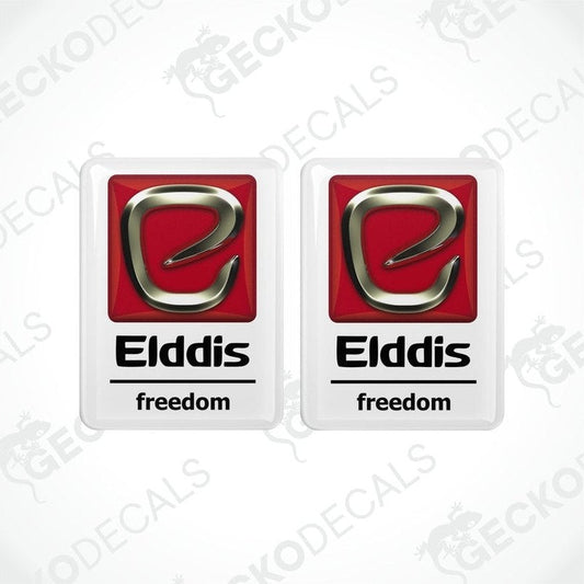 Two vinyl stickers with a red, white, and silver color scheme, featuring the word 'ELDDIS' and the concept of 'FREEDOM'.