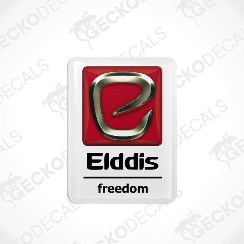 Two vinyl stickers with a red, white, and silver color scheme, featuring the word 'ELDDIS' and the concept of 'FREEDOM'.