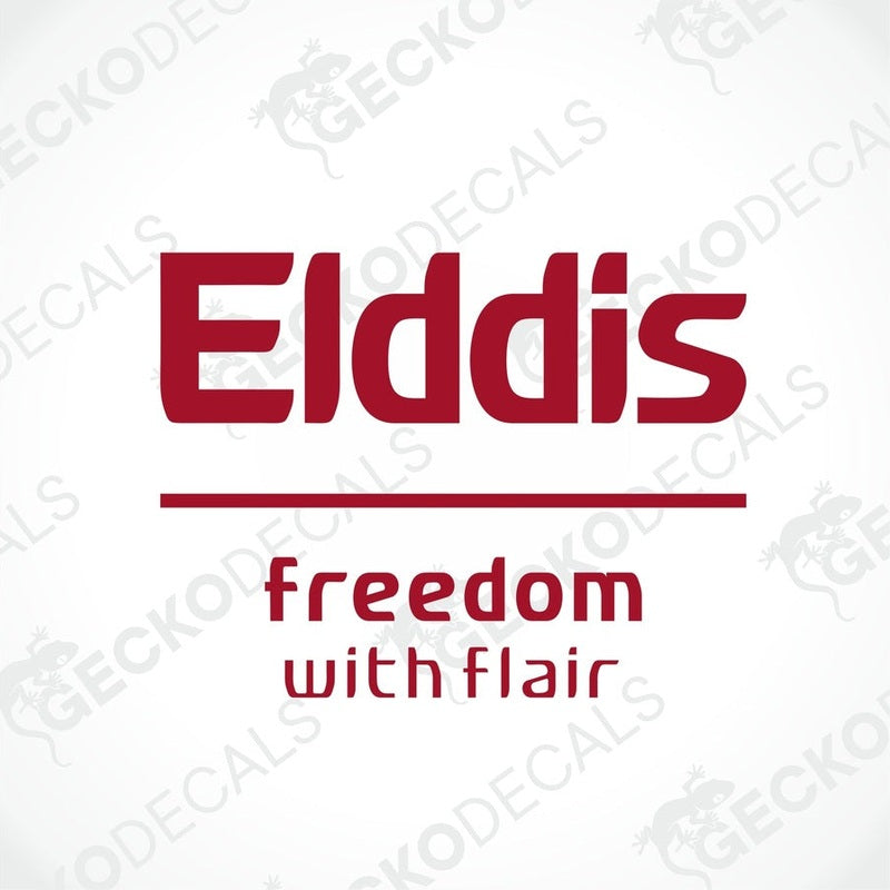 A die cut sticker with the ELDDIS brand name and the text 'FREEDOM WITH FLAIR' on a white background. 