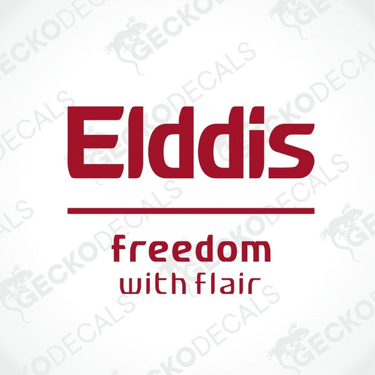 A die cut sticker with the ELDDIS brand name and the text 'FREEDOM WITH FLAIR' on a white background. 