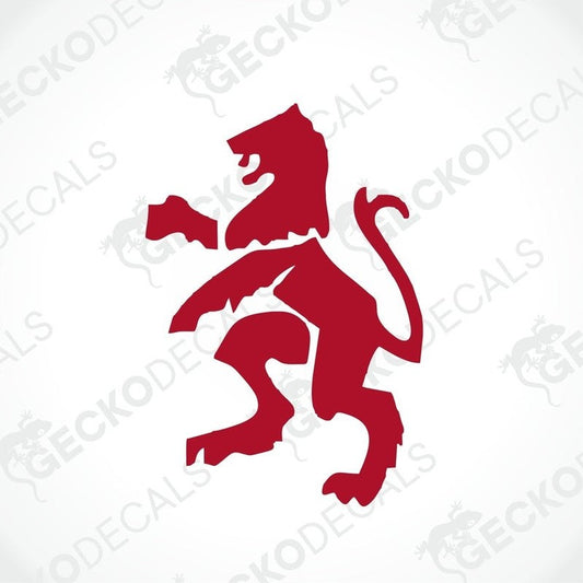 A red die cut sticker of a lion logo.