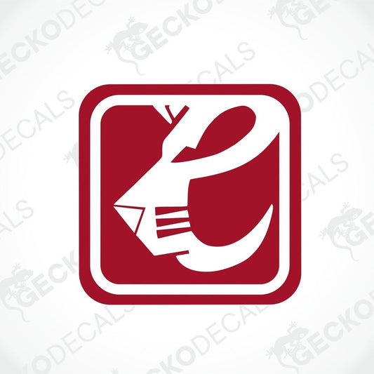 A red and white sticker with a stylized lion's face design, intended for use on caravans.