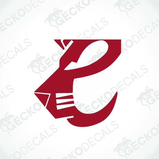 A red and white sticker with a stylized lion's face design, intended for use on caravans.
