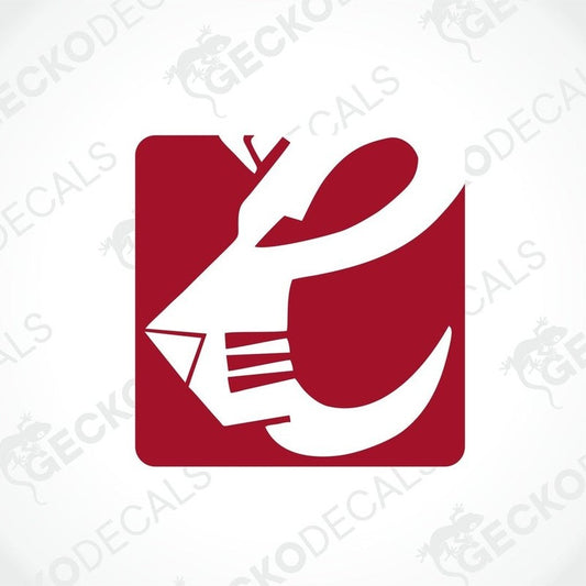 A red and white sticker with a stylized lion's face design, intended for use on caravans.