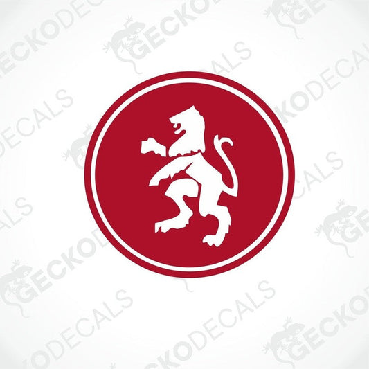A red and white vehicle emblem featuring a lion design, with a GeckoDecals logo at the bottom.