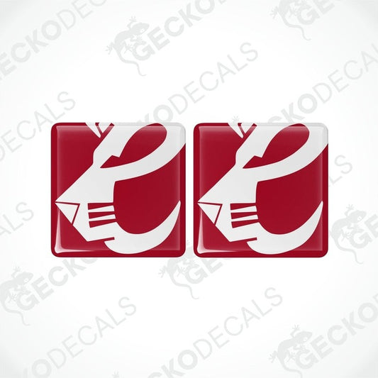 Two red and white vinyl stickers with a geometric design, likely to be used for vehicle decoration.