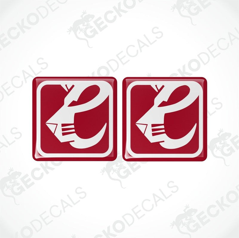 Two red and white square-shaped vinyl decals with a lion design and polyurethane coating.