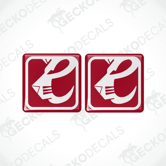 Two red and white square-shaped vinyl decals with a lion design and polyurethane coating.