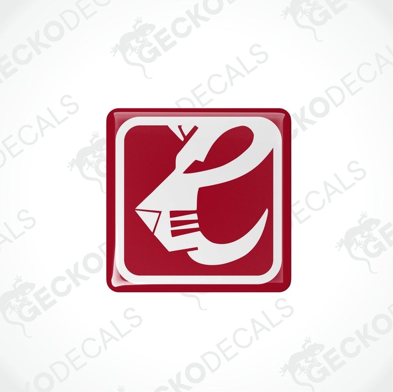 Two red and white square-shaped vinyl decals with a lion design and polyurethane coating.