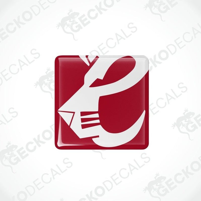 Two red and white vinyl stickers with a geometric design, likely to be used for vehicle decoration.