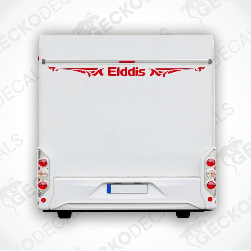 A white caravan with a red 'Elddis' logo decal on the rear side.