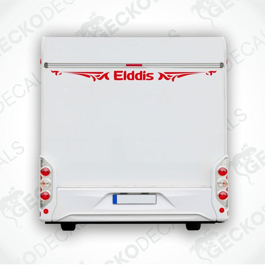 A white caravan with a red 'Elddis' logo decal on the rear side.