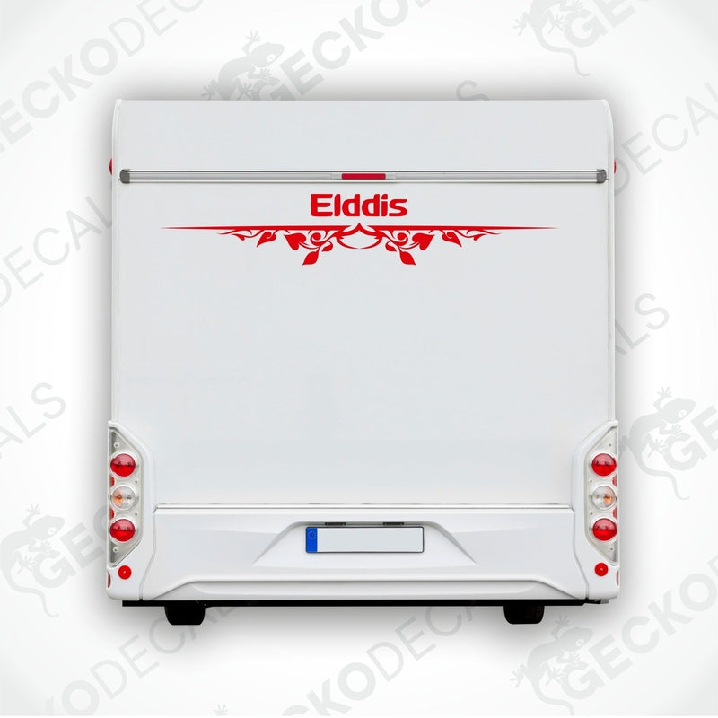 A white caravan rear with a red and white 'Elddis' brand decal.